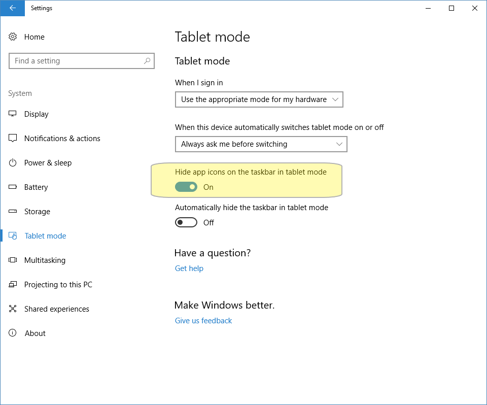 Activate the tablet mode by flipping the keyboard back or detaching it from the device.
Press the Windows key + A to open the Action Center and select "Tablet mode" to switch to tablet mode.