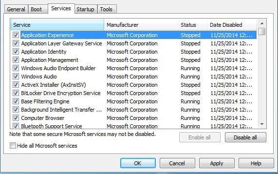 Check the box next to Hide all Microsoft services
Click on Disable all to disable all the non-Microsoft services