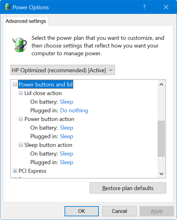 Choose Advanced Power Settings: Click on "Change advanced power settings" to access the advanced power settings for your laptop.
Modify Lid Close Action: Scroll down to "Power buttons and lid" and expand the section. Change the "Lid close action" to "Do nothing" for both "On battery" and "Plugged in" options.