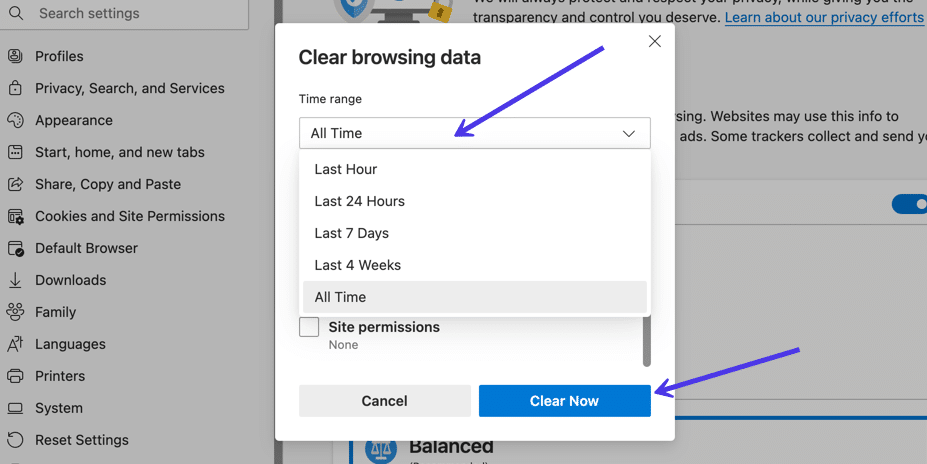 Choose the time range for which you want to clear the data (e.g., "Last hour," "Last 24 hours," "All time").
Click on the "Clear data" or "Clear browsing data" button.