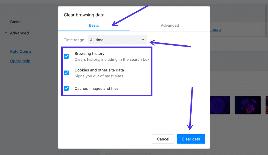 Click on "Clear browsing data"
Select "Cached images and files" and "Cookies and other site data"