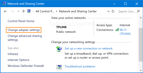 Click on Network and Sharing Center.
Click on Change adapter settings.