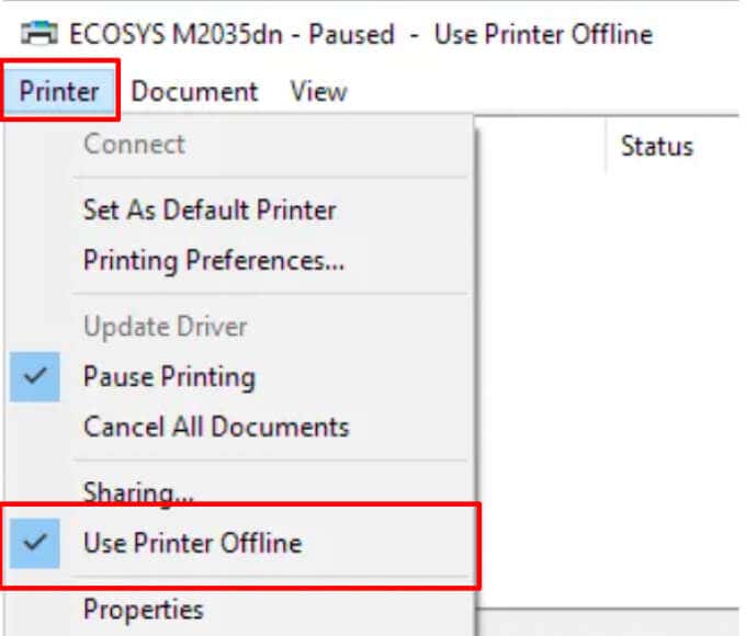 Click on "Printer" in the top menu and ensure that "Use Printer Offline" is unchecked.
Restart your computer and try printing again.