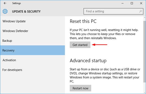 Click on Recovery.
Under Reset this PC, click on Get started.