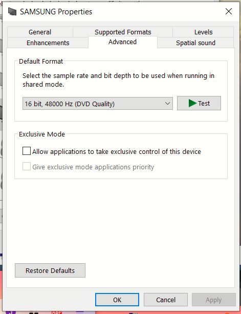 Click on the "Advanced" tab.
Uncheck the box next to "Allow applications to take exclusive control of this device."
