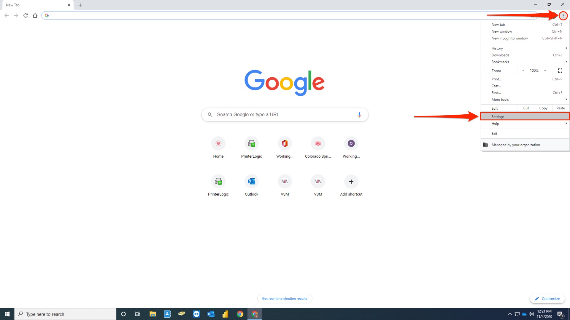 Click on the three dots in the upper right-hand corner of the Chrome window.
Select "More tools" and then "Clear browsing data."