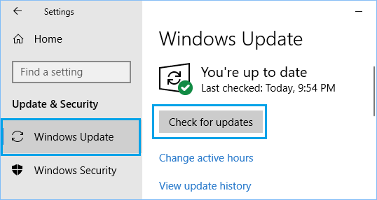 Click on Windows Update in the left pane.
Click on Check for updates button.