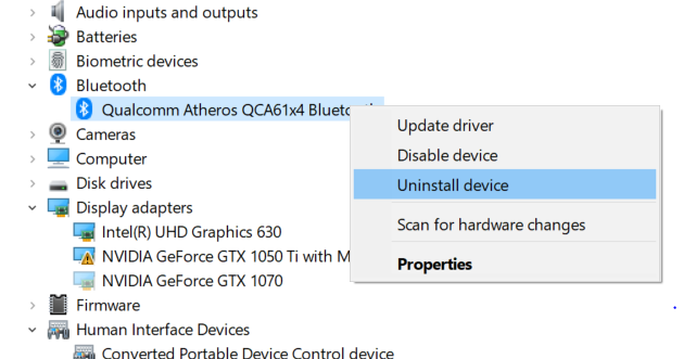 Click Uninstall.
Repeat steps 3-5 for any other Bluetooth devices you want to remove.