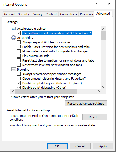 Computer settings or a computer with a disabled hardware acceleration option.
