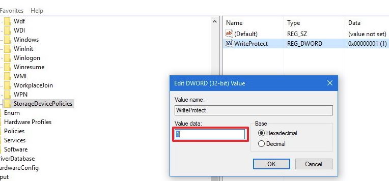 Double-click on the WriteProtect value and set its Value data to 0 to disable write protection.
Click OK and close the Registry Editor.