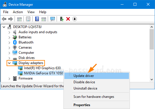 Expand the Display adapters category.
Right-click on the display driver and select Uninstall device.