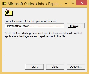 Find scanpst.exe and double-click on it
Select the Outlook data file you want to repair and click on Start