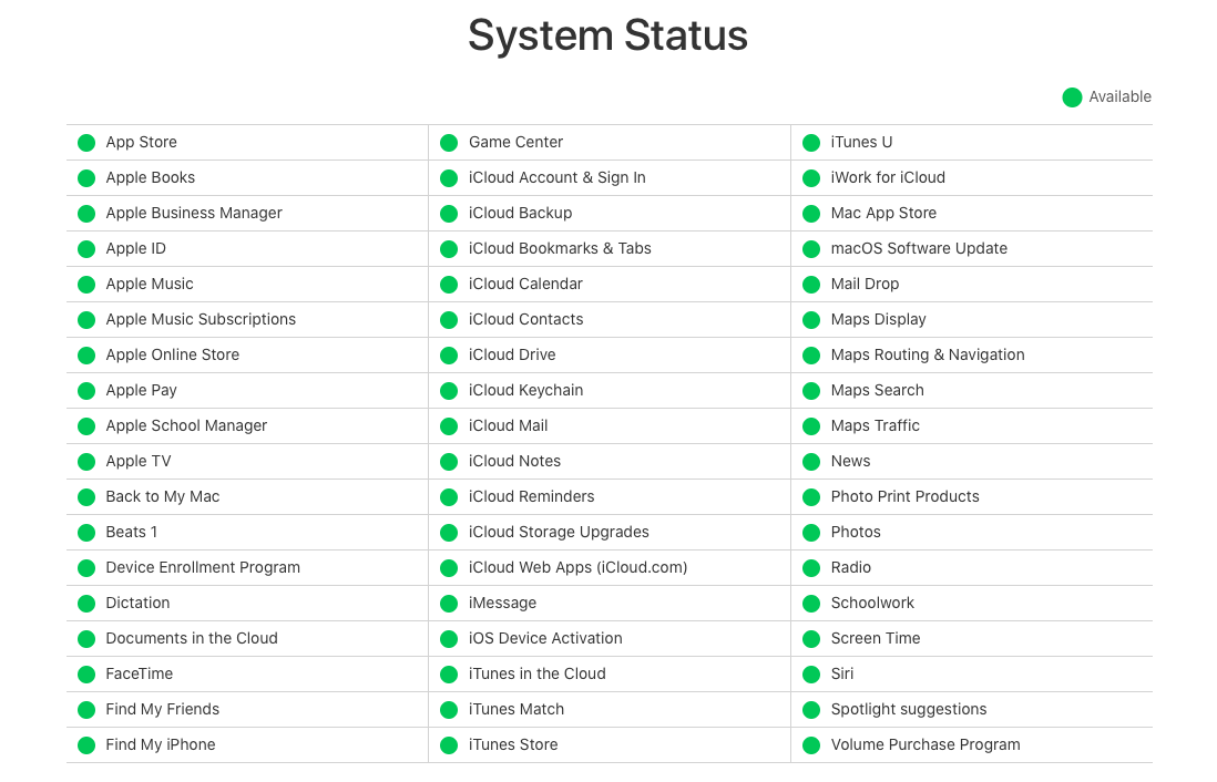 Go to Apple's System Status page and check if any services are down.
Check for any scheduled maintenance on Apple's support page.