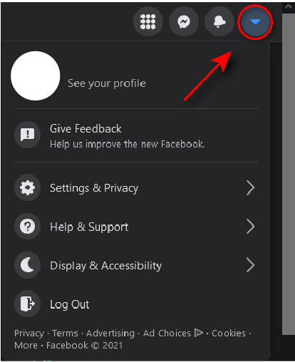 Go to the Facebook website and log in to your account.
Click on the down arrow in the top right corner of the page and select "Settings & Privacy" from the dropdown menu.