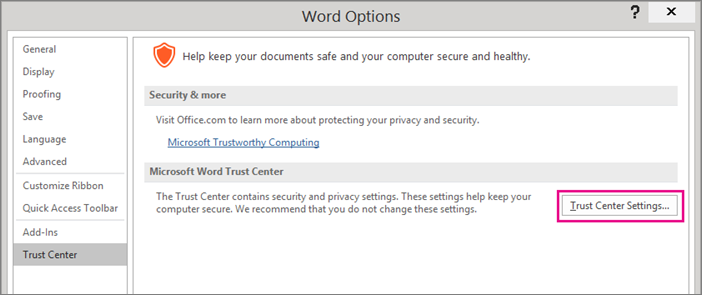 In the Excel Options window, click on Trust Center in the left sidebar.
Click on the Trust Center Settings button.