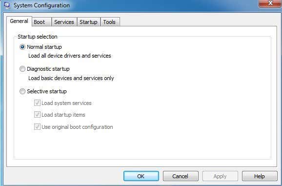 In the General tab, select the option for Selective startup.
Uncheck the box next to Load startup items.