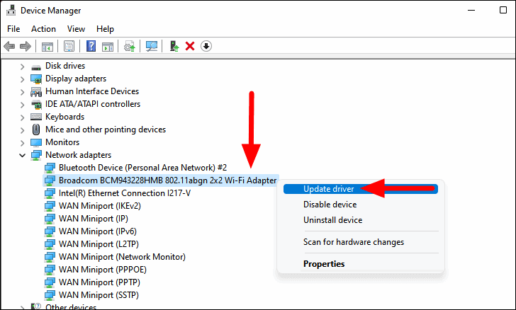 Locate the Wi-Fi adapter and right-click on it
Select Update driver