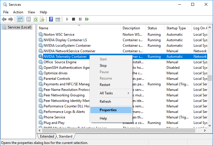Look for any NVIDIA services and right-click on them.
Select Properties from the drop-down menu.