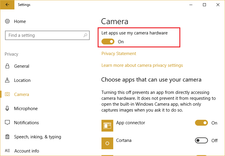 Make sure the Allow apps to access your camera toggle switch is turned on.
Scroll down to the Choose which Microsoft Store apps can access your camera section and confirm that the desired apps have access to the camera.