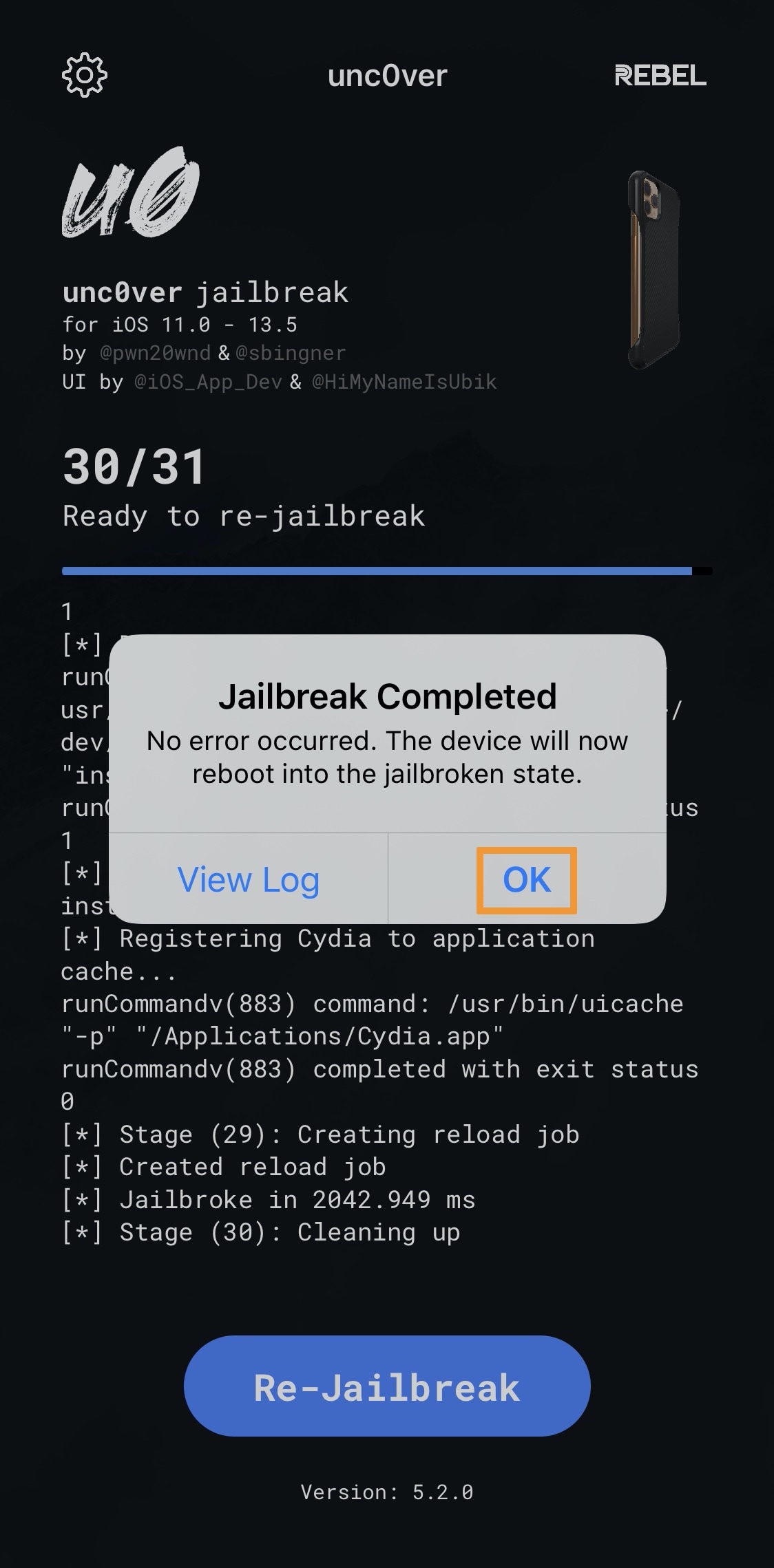 Once completed, your device will reboot, and Cydia will be available.
Congratulations, your device is now jailbroken!
