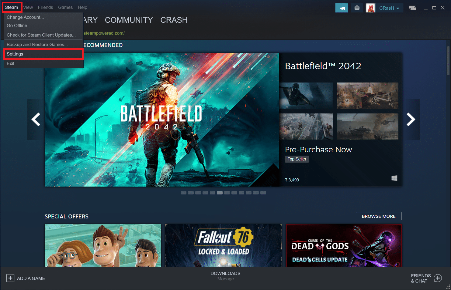 Open Steam and click on “Steam" in the top left corner.
Select “Settings" from the dropdown menu.