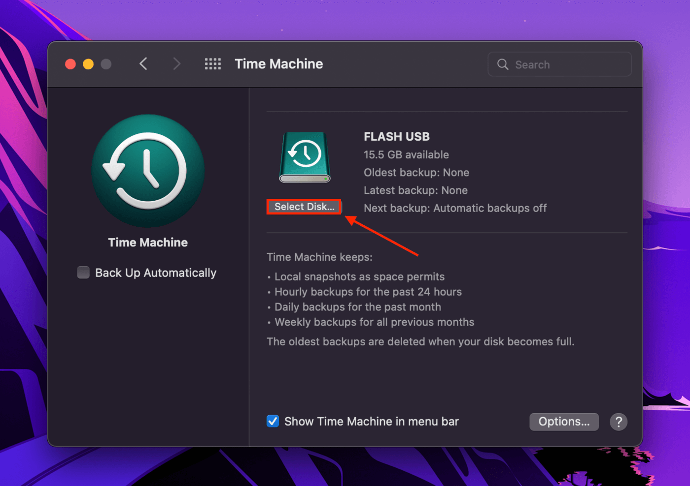 Open System Preferences and click on "Time Machine".
Make sure the disk being used for Time Machine backups is selected and there are no errors or issues listed.