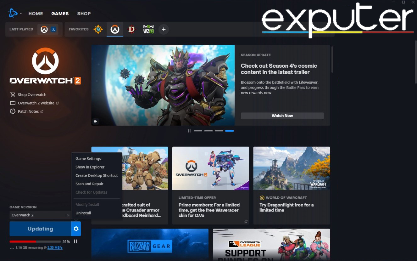 Open the Battle.net app.
Click on the Overwatch icon in the left sidebar.