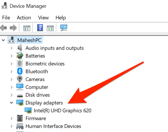 Open the Device Manager.
Expand the Display adapters category.
