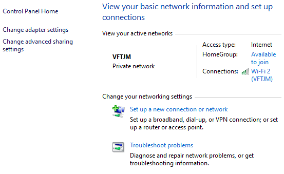 Open the Network settings in the Windows Control Panel.
Click on "Network and Sharing Center" and then "Change adapter settings".