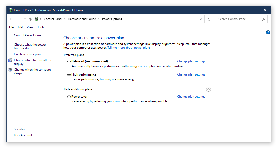 Open the Windows Control Panel and go to "Power Options".
Click on "Change plan settings" next to your selected power plan.