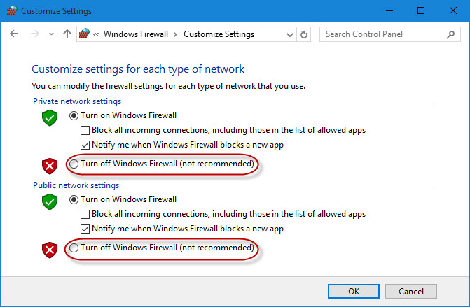 Open the Windows Firewall settings on your computer.
Disable the firewall temporarily by turning it off.