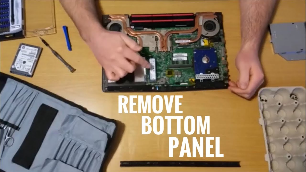 Power off the laptop.
Remove the bottom cover of the laptop.