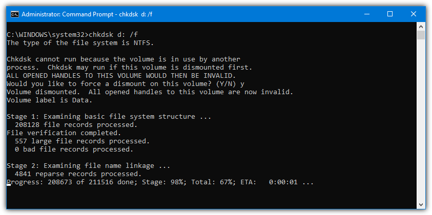 Press Win + X and select Command Prompt (Admin) or Windows PowerShell (Admin).
Type chkdsk C: and press Enter.