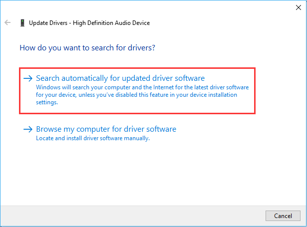Right-click on the device and select "Update driver."
Choose "Search automatically for updated driver software."