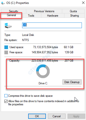 Right-click on the disk and select Properties.
In the properties window, navigate to the General tab.