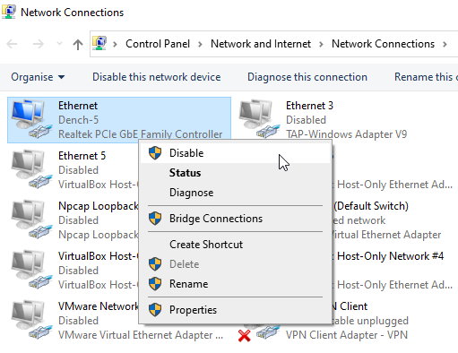 Right-click on your network connection and select Disable.
Wait for a few seconds, then right-click on the same connection and select Enable.