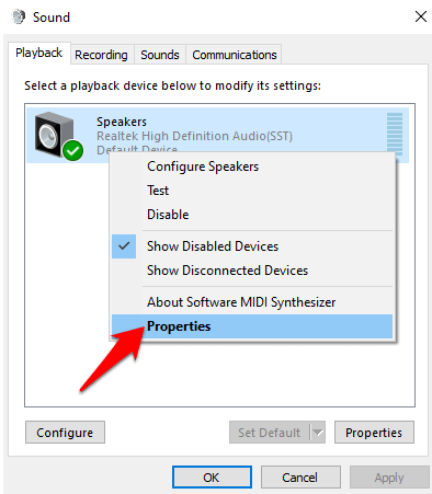 Right-click on your sound card and select "Properties".
Check the status of the device to see if it is working properly.