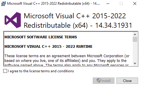 Run the downloaded Visual C++ Runtime Installer
Accept the license agreement