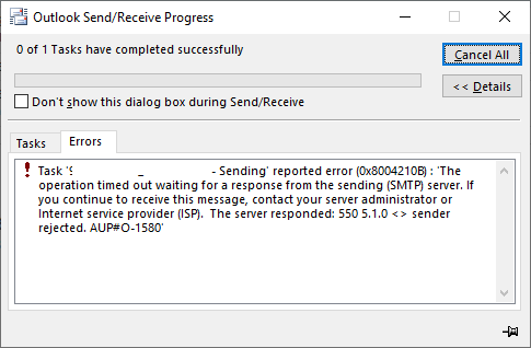 Screenshot of Outlook error message