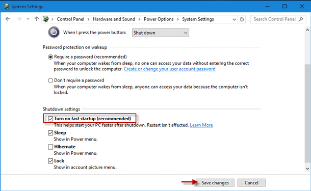 Scroll down and uncheck Turn on fast startup
Save changes and restart the PC