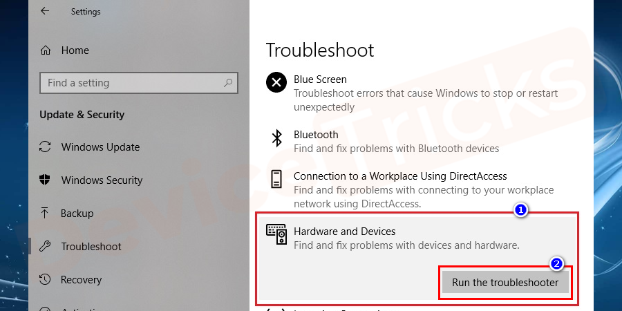 Scroll down to the "Hardware and Devices" section and click on "Run the troubleshooter".
Follow the prompts to complete the troubleshooting process.