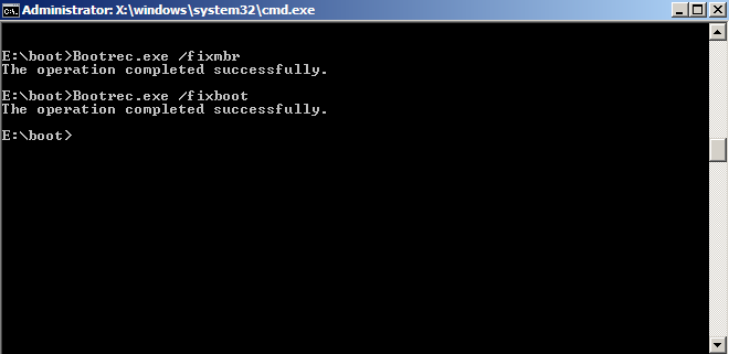 Select "Command Prompt" from the System Recovery Options menu.
Type the following command: bootrec /fixmbr
