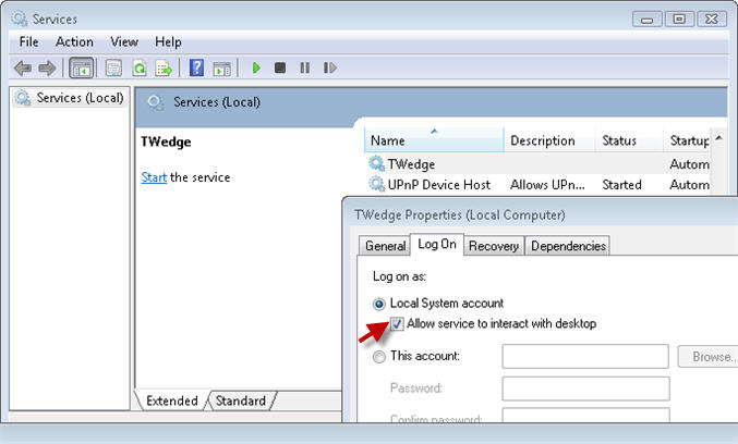 Select Local System account
Check Allow service to interact with desktop