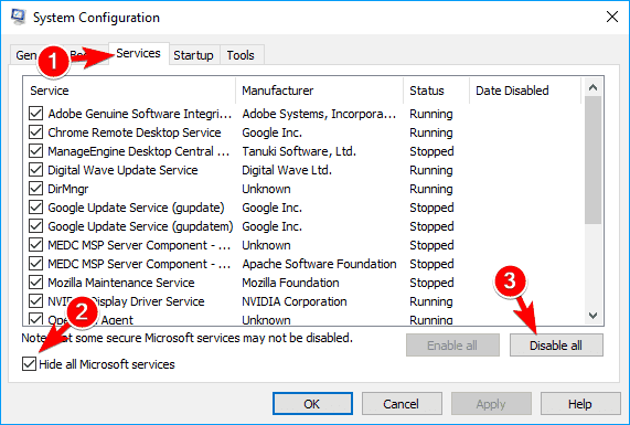 Select the "Hide all Microsoft services" checkbox
Click on the "Disable all" button