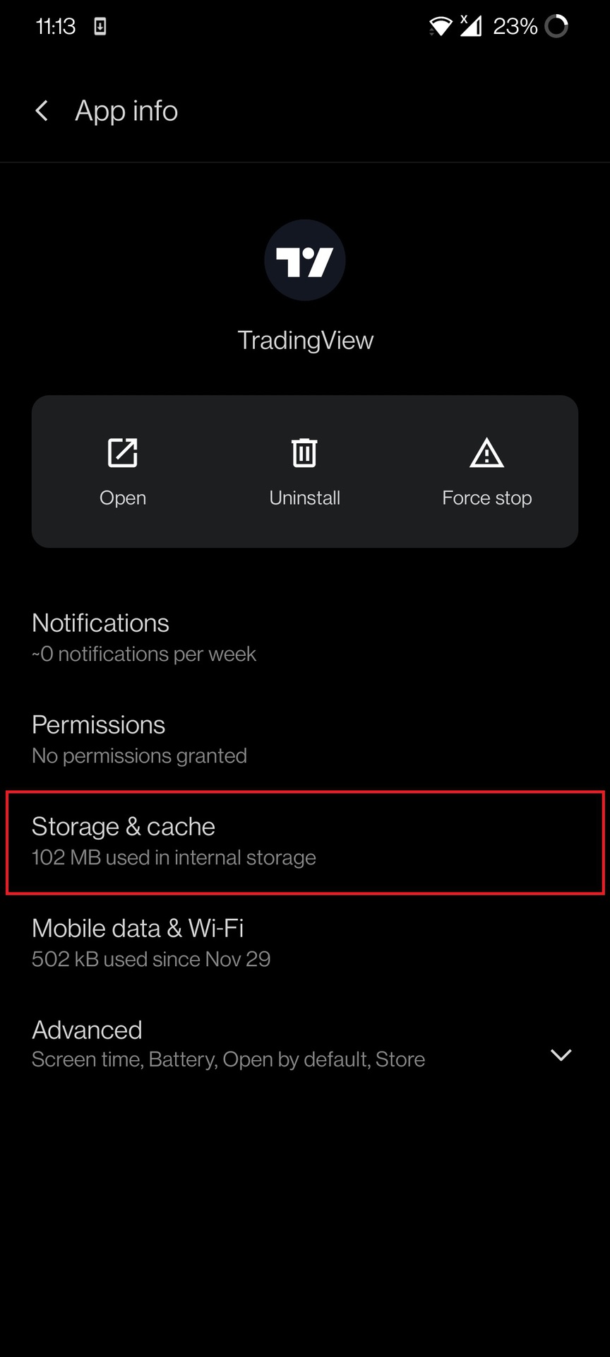 Tap "Force stop" to temporarily stop the app from running
Tap "Storage"