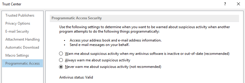 Temporarily disable your antivirus program and check if the error is resolved.
If the error is resolved, add Outlook to the list of trusted programs in your antivirus settings.