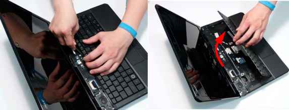 Turn off the laptop and disconnect the power cord.
Flip the laptop over and remove the screws securing the keyboard.