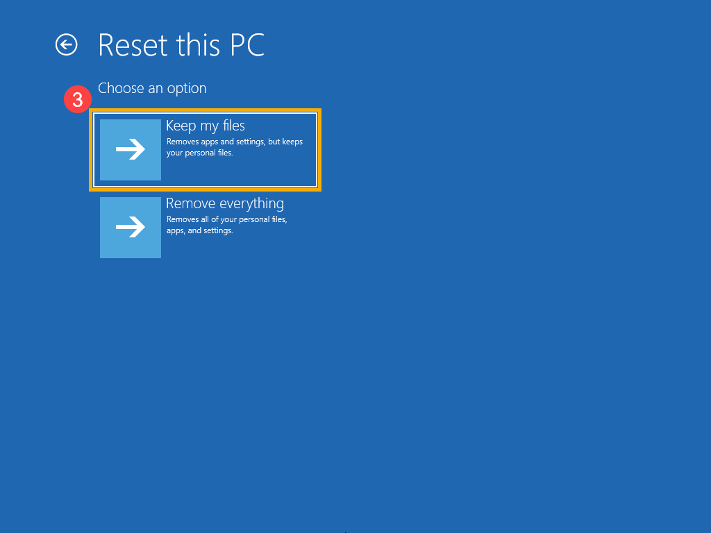 Under the Reset this PC section, click on Get started.
Select Keep my files.
