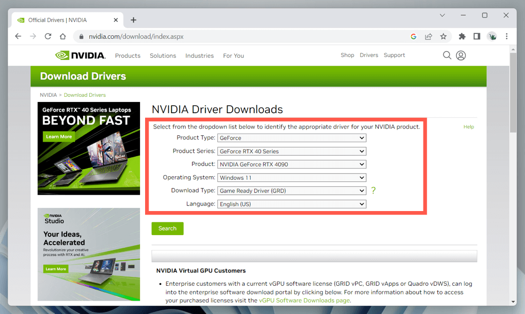 Visit the Nvidia website and download the latest graphics card driver for your model.
Open the downloaded file and follow the installation instructions.