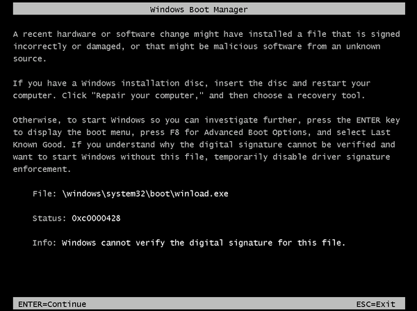 Windows boot manager error message